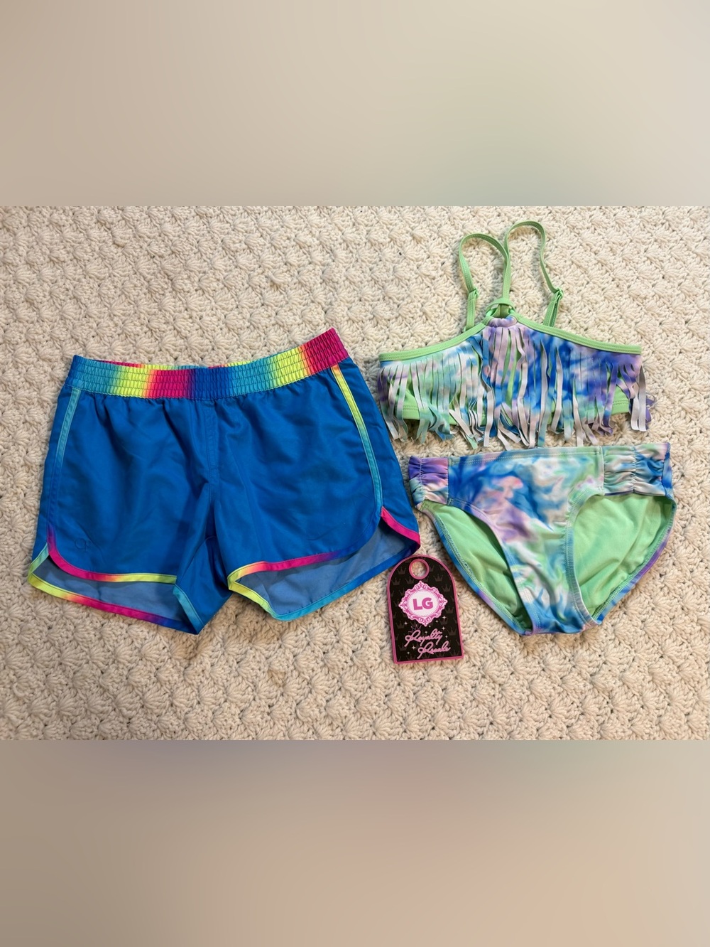 Justice Blue Swim Shorts and Tie-Dye Bikini Set